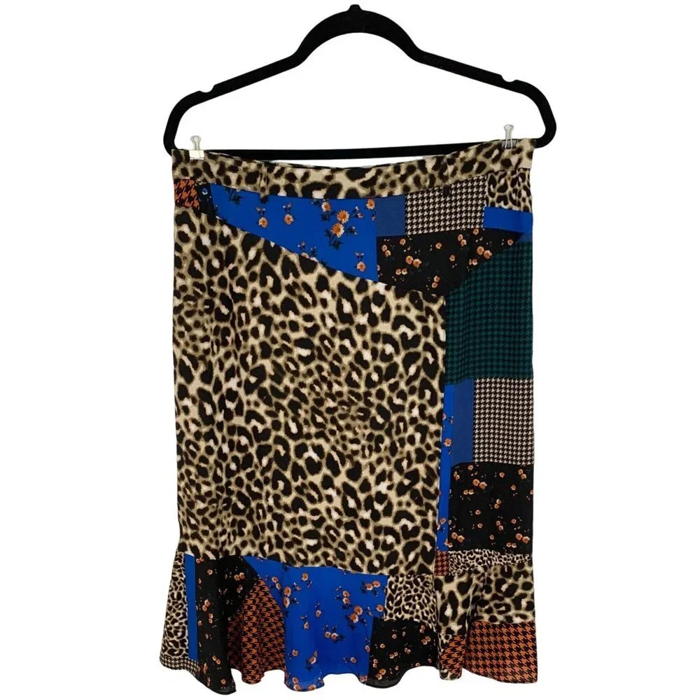 NWT Calvin Klein Ruffle Mix Print Skirt Patchwork Size 16 blue brown rust